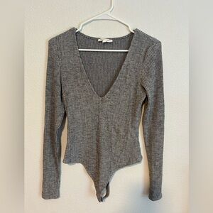 Gray Ribbed V-Neck Women's Bodysuit
